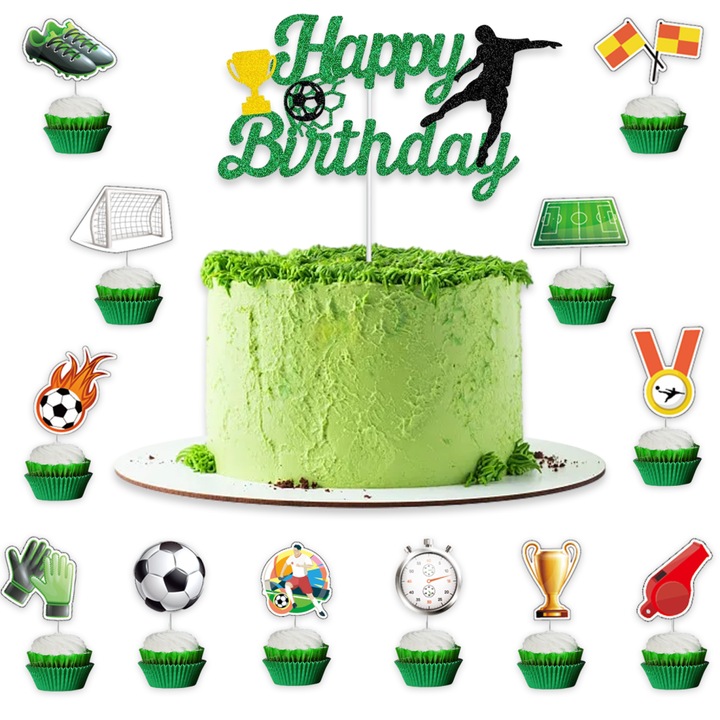 Decoratiuni pentru tort tema fotbal, figurine si toppere cu sclipici, din material premium, durabile si sigure, multicolor