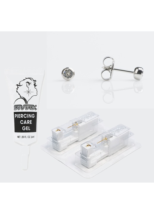 Pachet complet piercing urechi – Cercei medicinali cu dispozitiv pentru piercing Cristal Argintii 3mm. + Gel ingrijire