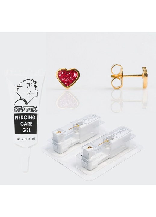 Pachet complet piercing urechi – Cercei medicinali cu dispozitiv pentru piercing Inima Glitter Rosu 7mm. + Gel ingrijire