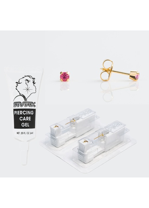 Pachet complet piercing urechi – Cercei medicinali cu dispozitiv pentru piercing Piatra Rose 3mm. + Gel ingrijire
