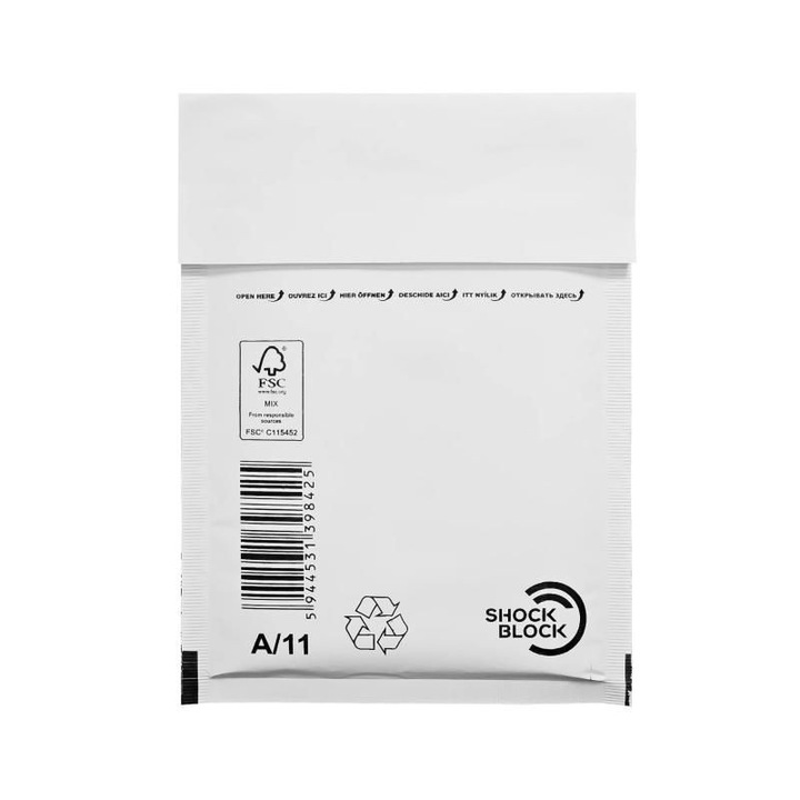 Комплект 100 броя антишокови пликове с балончета INATECH ®, A11 Бял, 120 x 175 mm, Вътрешен размер 100 x 165 mm, Самозалепващо затваряне
