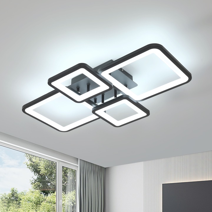 LED mennyezeti lámpa, Goeco, Négyzet alakú, Akril, Fekete, 4 Fej, 62×40×14cm, 56W, Hideg Fehér Fény 6500K, Alkalmas Hálószobába, Konyhába, Folyosóra, Nappaliba