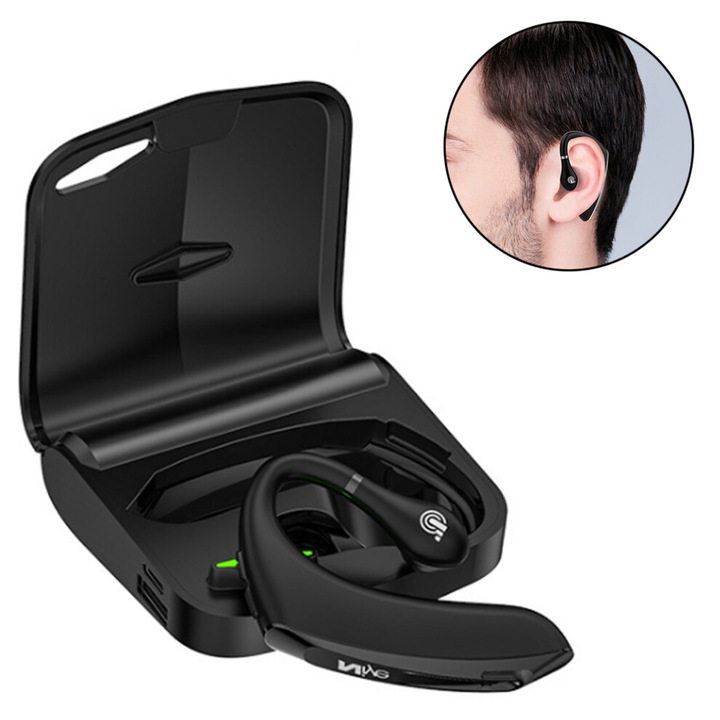 Bluetooth mono vezeték nélküli headset, 16 óra beszélgetési idő, 22 óra zenelejátszás, fekete