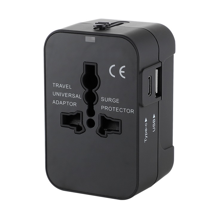 Adaptor universal priza, EU/USA/UK/AU, 1x USB-C + 1x Type-C, AC110V-240V, 2.1A, Negru