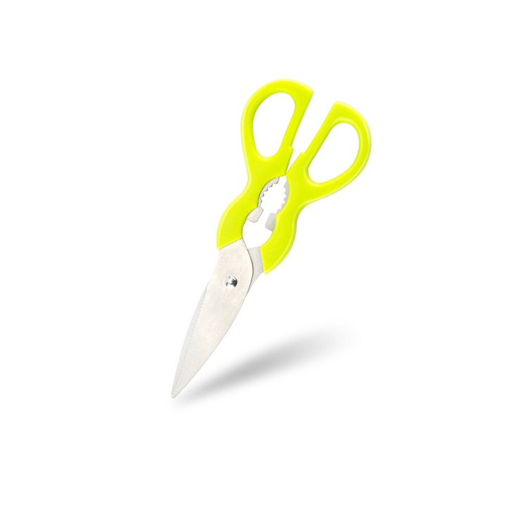 Konyhai olló, rozsdamentes acél kulináris olló, 15 cm, ergonomikus fogantyú, multifunkcionális diótörővel és sörnyitóval, zöld