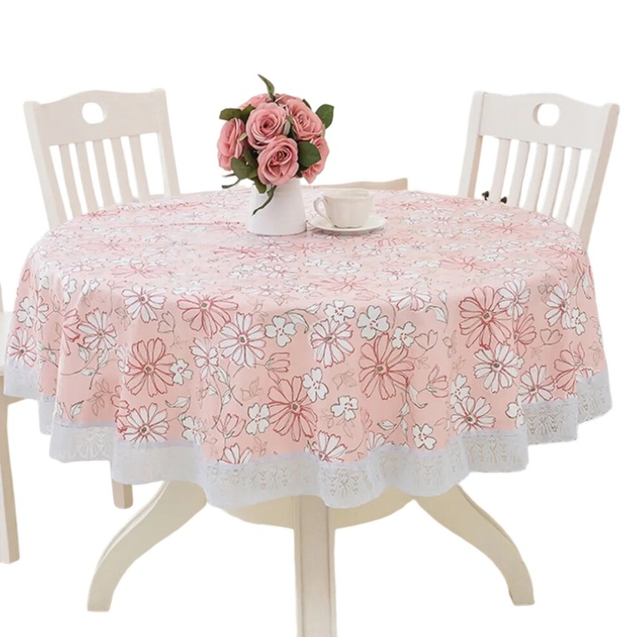 Fata de masa rotunda, napperon din vinil reutilizabil, impermeabil si rezistent la pete, cu model floral, roz