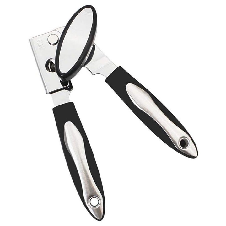 Kézi konzervnyitó/kézi nyitó, könnyed használat, sima élek, ergonomikus fogantyú, fekete/ezüst