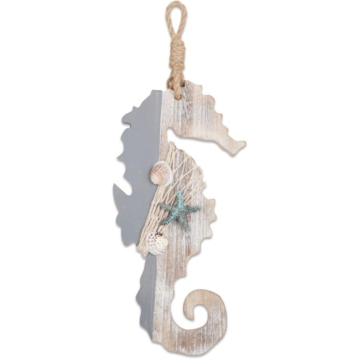 Decoratiune de perete din lemn cal de mare decorativ, stil rustic balnear, cu scoici si franghie pentru agatat, gri/bej, 1 buc