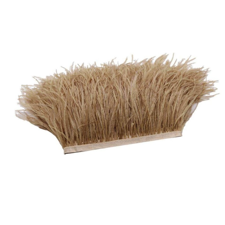 Banda decorativa/ornament cu franjuri din pene naturale de strut pe satin, moale si rezistenta, aplicata manual, cafeniu deschis