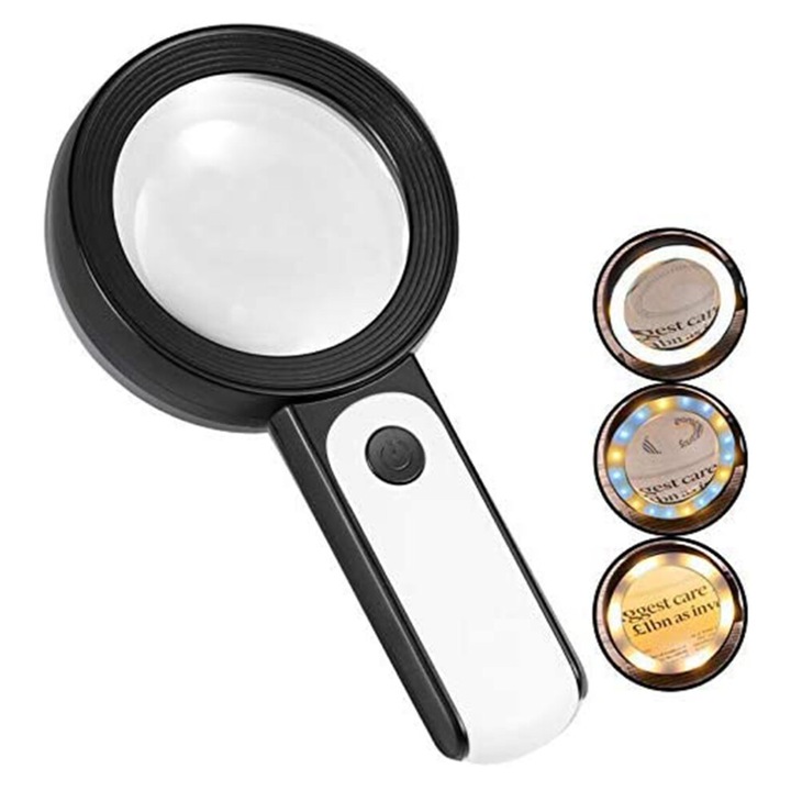 Lupa iluminata portabila, lupa de mana usoara, cu maner ergonomic si lumina LED, negru/alb, 1 buc