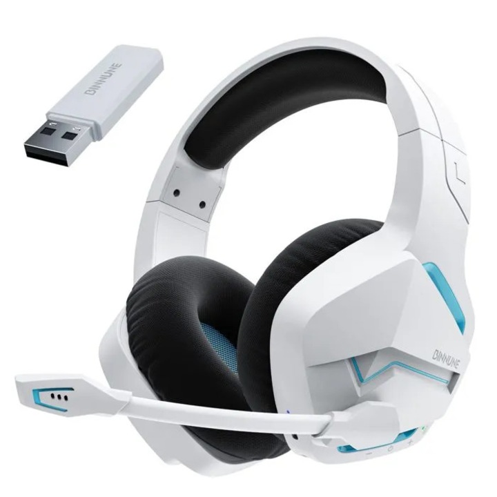 Vezeték nélküli gamer fejhallgató zajszűrős mikrofonnal PS4 PS5 PC Playstation 4 5-höz, 2.4G + Bluetooth, Fehér