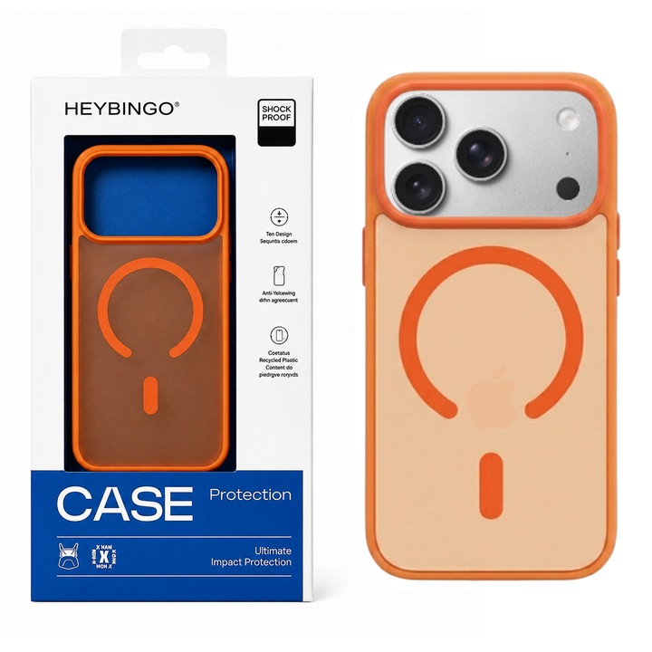 Husa pentru iPhone 17 PRO Portocaliu, HEYBINGO® X-Man, design slim, MagSafe, Anti-Soc, Anti Zgarieturi