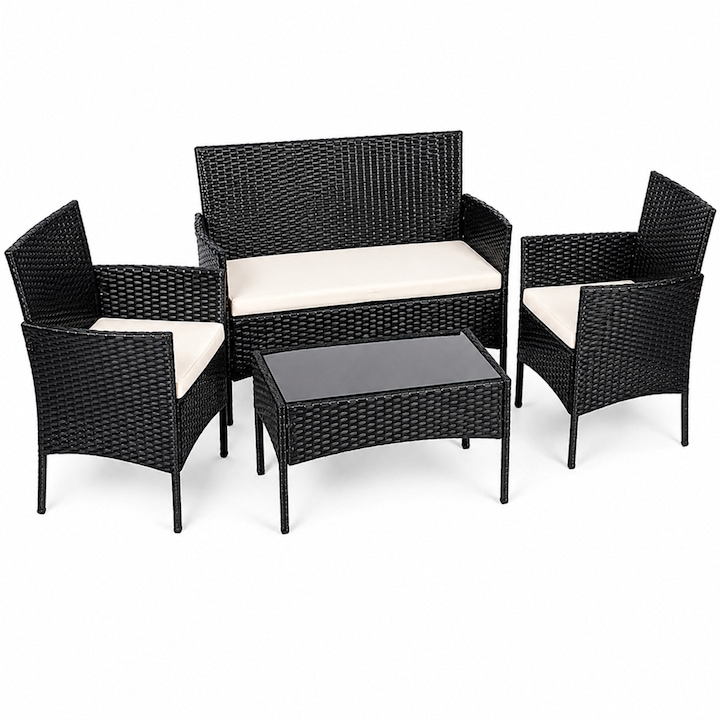 Set Mobilier Gradina Technoratan Premium, 4 Piese pentru Terasa Balcon si Gradina, Canapea + Fotolii + Masa cu Sticla Securizata, Perne Groase Impermeabile, Negru
