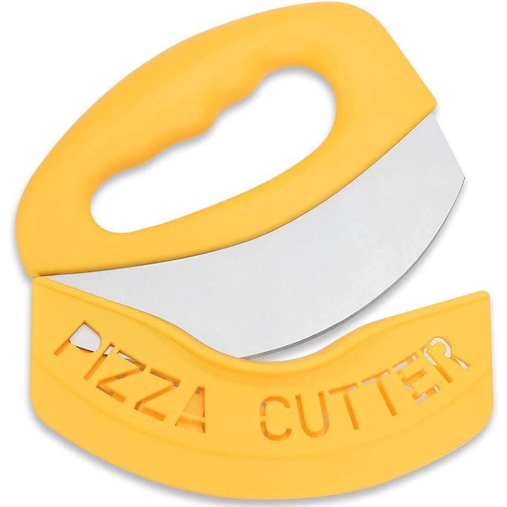 Rozsdamentes acél pizza/tészta vágó, multifunkcionális, ergonomikus fogantyúval és védőtokkal, sárga, 1 db
