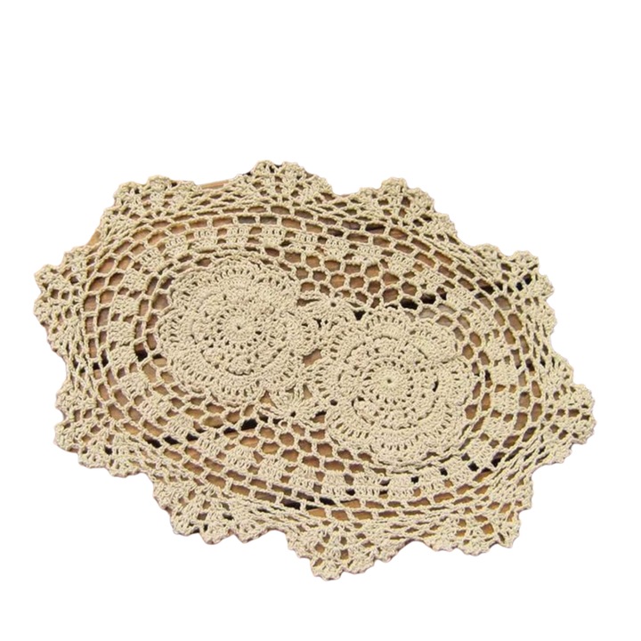 Seturi de masa, suporturi decorative crosetate manual din bumbac, oval, bej, 25 x 35 cm