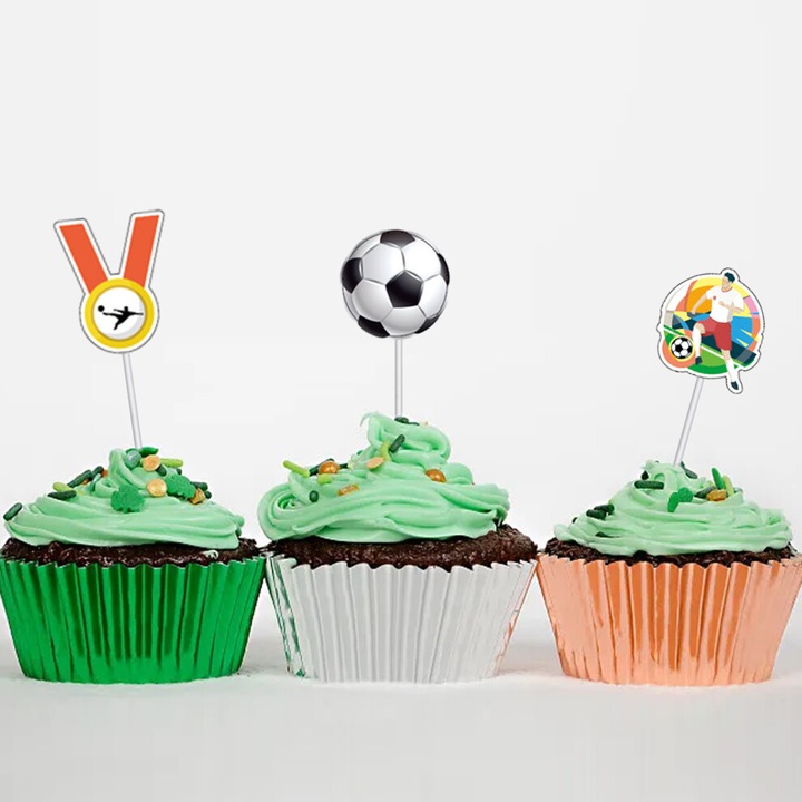 Decoratiuni pentru prajituri si cupcakes tema fotbal, pre-asamblate, carton alimentar de inalta calitate, cu betisoare alimentare, negru/alb