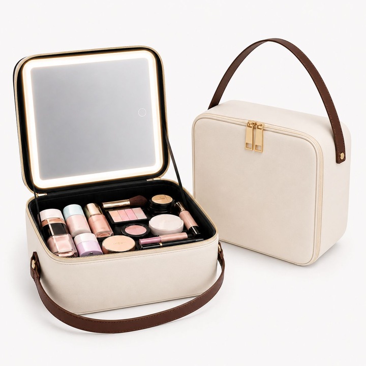 Geanta Cosmetica Premium cu Oglinda LED Touch, Geanta Beauty Portabila pentru Machiaj si Calatorii, Iluminare Reglabila, Design Elegant Crem, Fermoar Metalic Gold