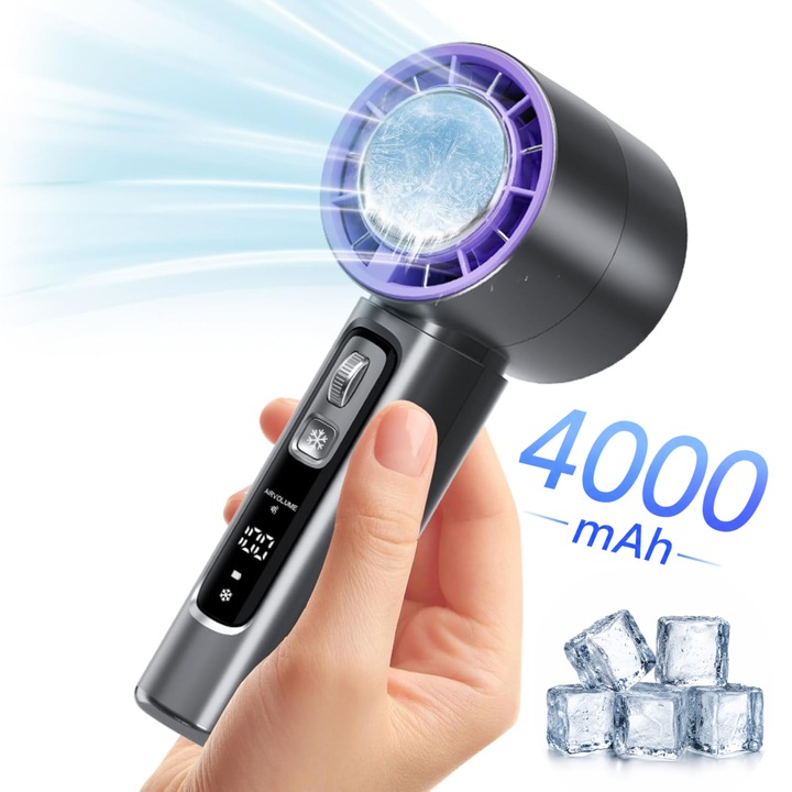 Ventilator de Mana Fara Lame, Ultra-Compact, cu Racire Instanta in 3 Trepte, Reglaj Fin in 100 Niveluri, Motor 14000 RPM, Display Digital, Baterie 4000 mAh, USB-C, Negru, EL01-A