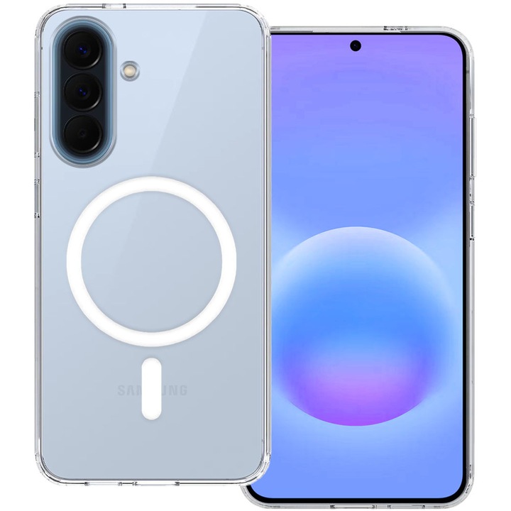 Husa pentru Samsung Galaxy A57 5G, Spate din policarbonat, Clear Magnet Pro, Wireless charging, Colturi aerate cu protectie antisoc, Margine de silicon, Magnetica, Perfect Fit, Transparenta