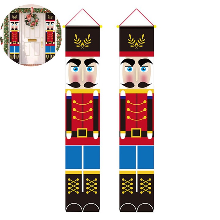 Decoratiune de Craciun pentru usa, model soldatel, din material textil foarte dens, rezistenta la intemperii, multicolor, set 2 bucati
