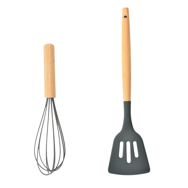 Tel de bucatarie, tel de mana din silicon alimentar, cu maner din lemn, compatibil cu vase antiaderente, gri/natural, 1 buc