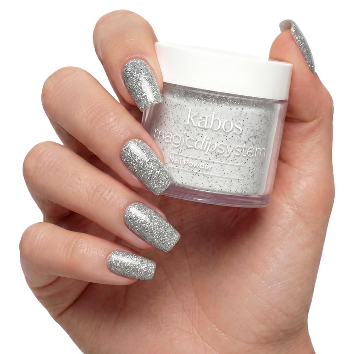 Pudra acrilica Dipping Powder, Argintiu Stralucitor fara Lampa, Kabos Magic Dip System, 046 Sparkle Silver, 20 g, Intarire Naturala