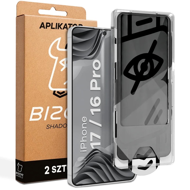 Set 2 Sticla privacy cu rama de montare Bizon Glass Aplikator Shadow do iPhone 16 Pro / 17