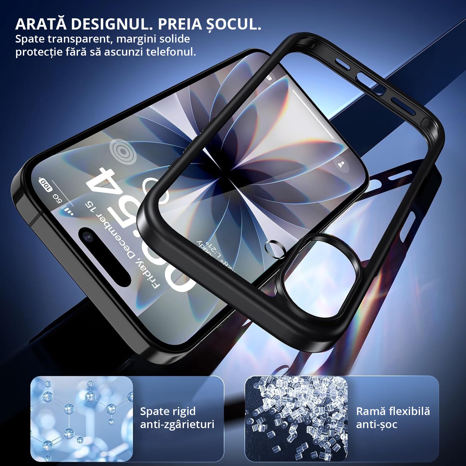 Husa antisoc pentru iPhone 17, transparenta, bumper negru, compatibila wireless charging