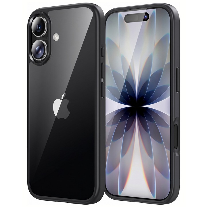 Husa antisoc pentru iPhone 17, transparenta, bumper negru, compatibila wireless charging