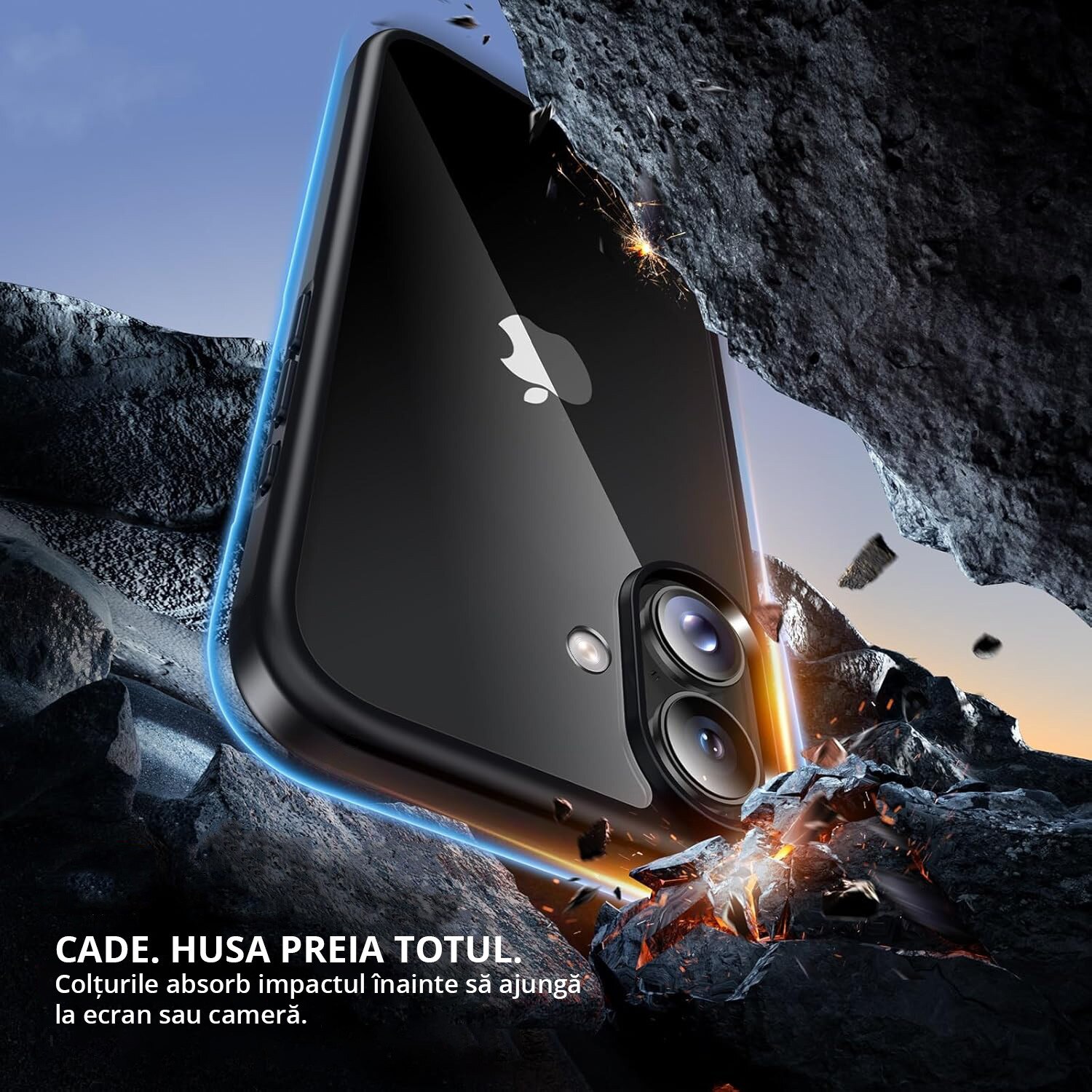 Husa antisoc pentru iPhone 17, transparenta, bumper negru, compatibila wireless charging