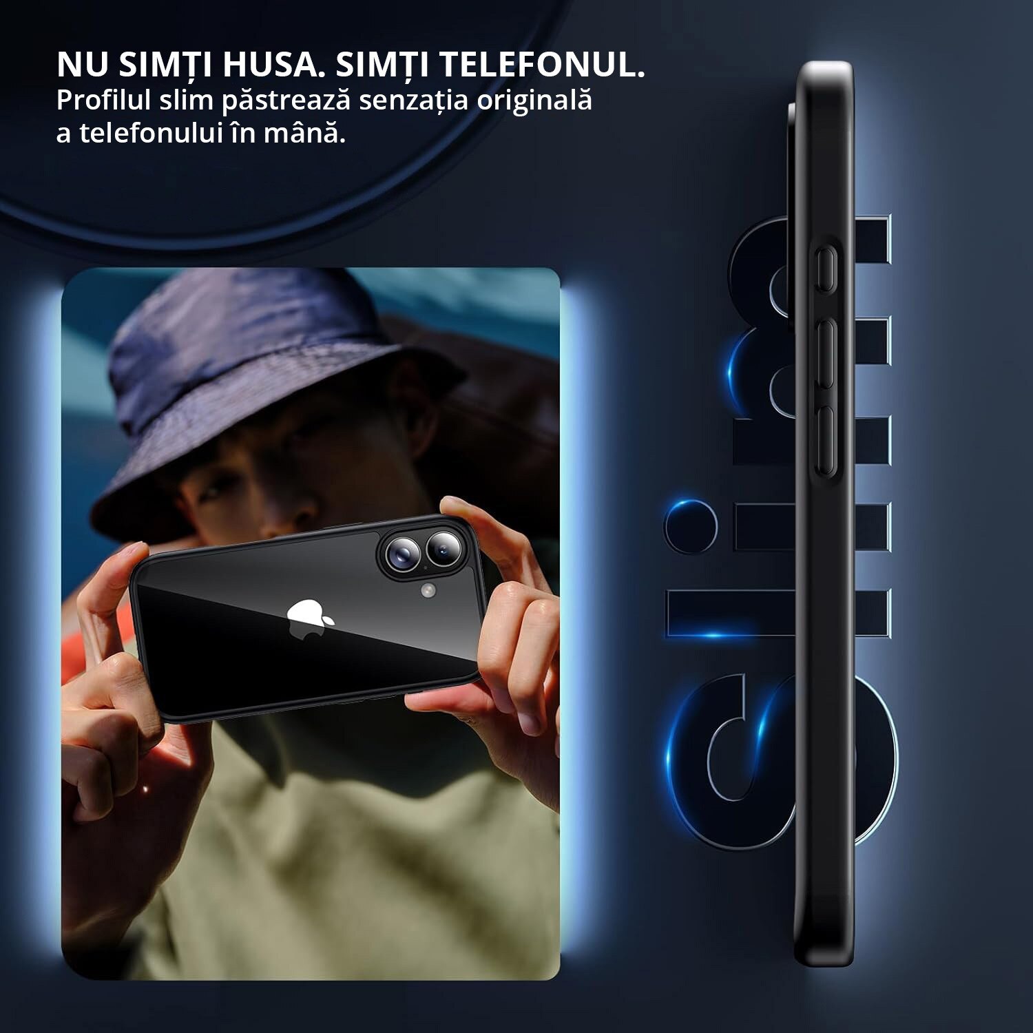 Husa antisoc pentru iPhone 17, transparenta, bumper negru, compatibila wireless charging