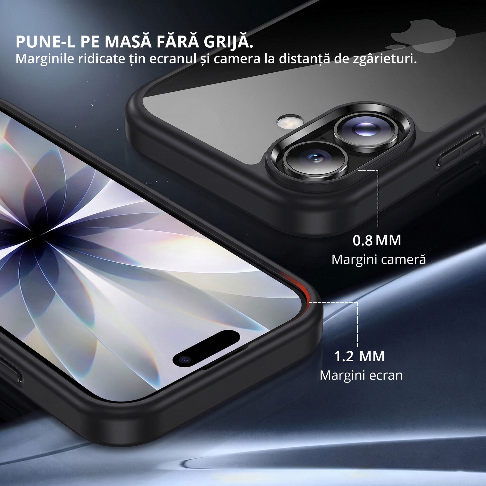 Husa antisoc pentru iPhone 17, transparenta, bumper negru, compatibila wireless charging