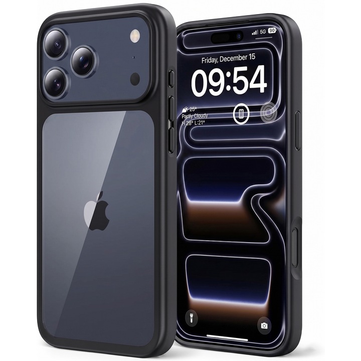 Husa antisoc pentru iPhone 17 Pro, transparenta, bumper negru, compatibila wireless charging