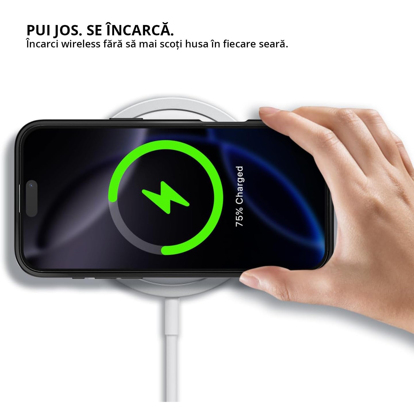 Husa antisoc pentru iPhone 16 Pro, transparenta, bumper negru, compatibila wireless charging