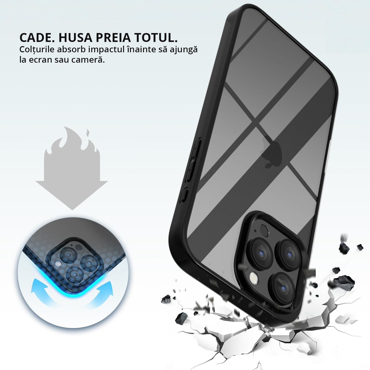 Husa antisoc pentru iPhone 16 Pro, transparenta, bumper negru, compatibila wireless charging