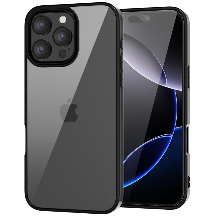 Husa antisoc pentru iPhone 16 Pro, transparenta, bumper negru, compatibila wireless charging