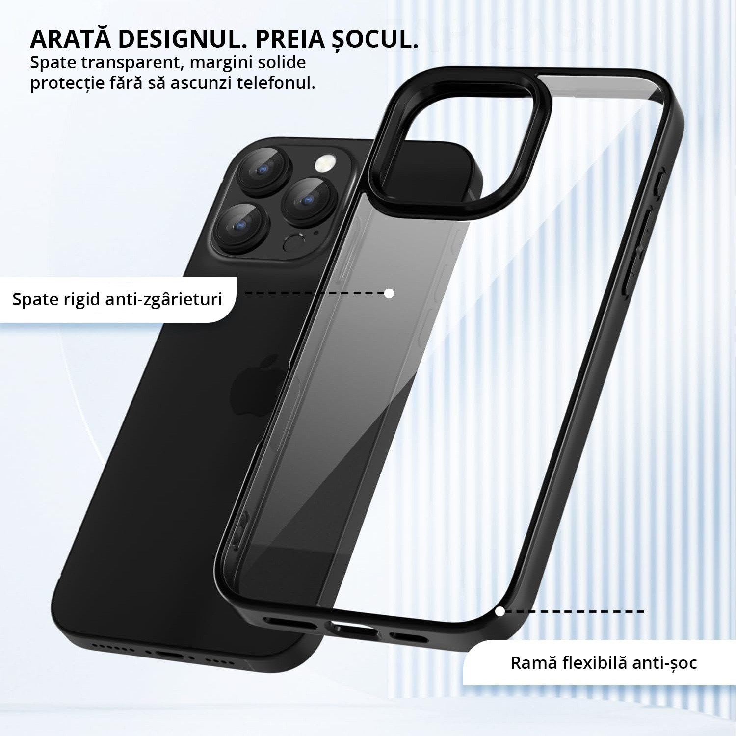 Husa antisoc pentru iPhone 16 Pro, transparenta, bumper negru, compatibila wireless charging
