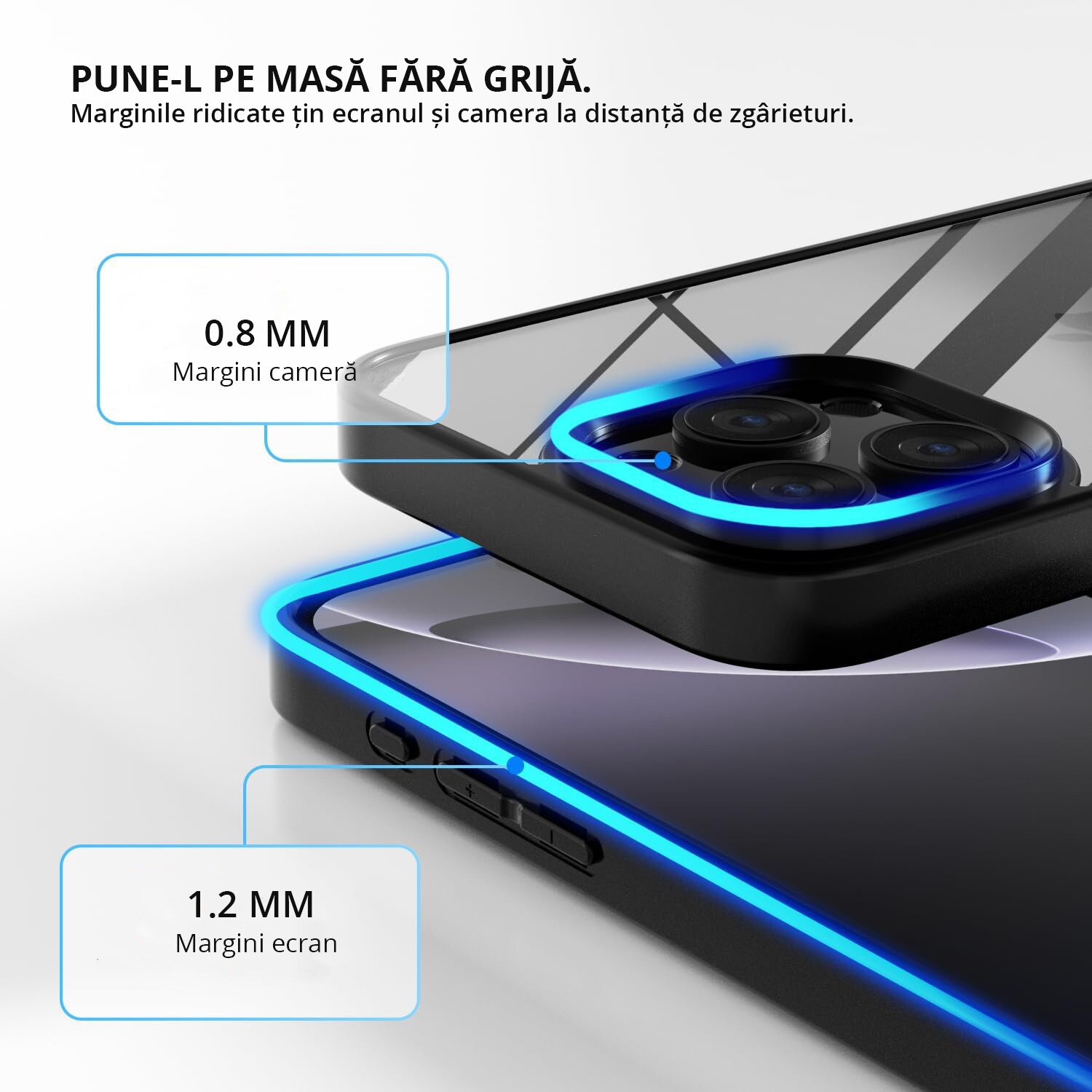 Husa antisoc pentru iPhone 16 Pro, transparenta, bumper negru, compatibila wireless charging