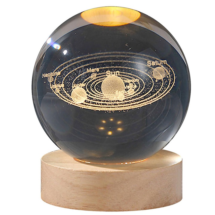 3D K9 кристална топка, декоративна сфера с 3D гравировка на слънчевата система, LED осветление, дървена стойка, прозрачна, 1 бр.