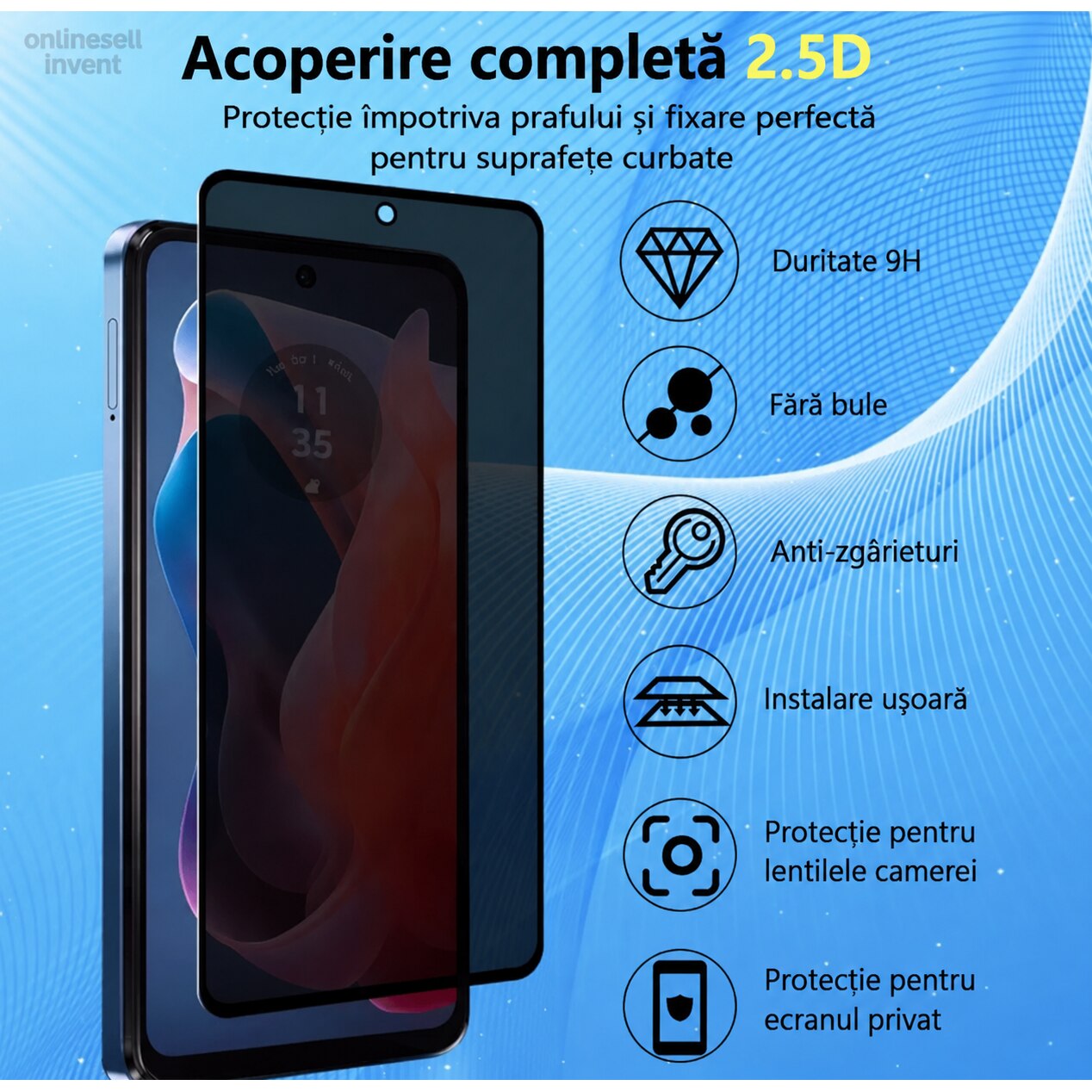 Folie sticla Privacy compatibila cu Samsung Galaxy S24, Full Glue, Sticla Securizata, Anti-Spy, Claritate HD, Aplicare Usoara, Negru