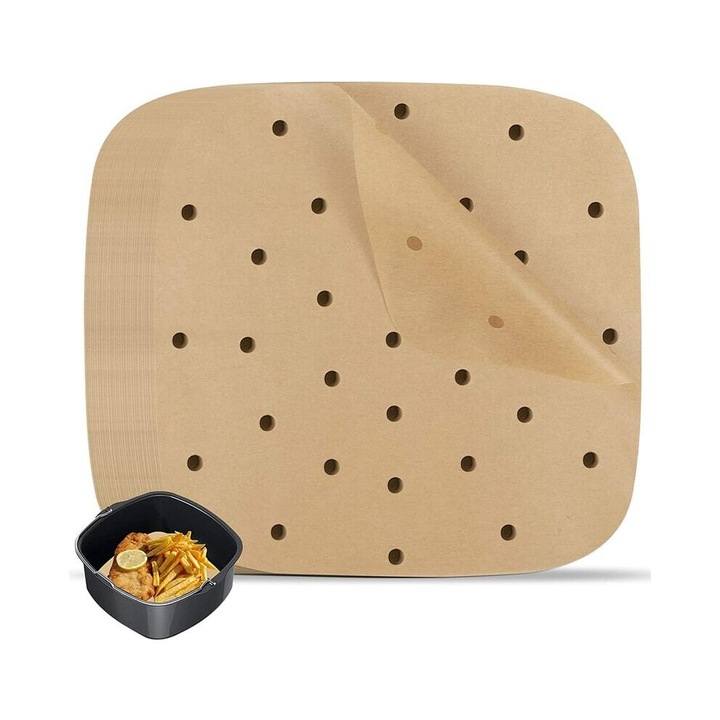 Hartie de copt patrata pentru friteuza cu aer, hartie alimentara perforata antiaderenta, rezistenta la grasimi, maro, 21,5 cm