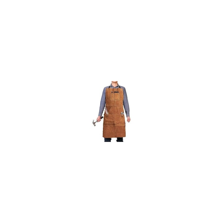 Sort de protectie din piele naturala, cusut manual, cu ham reglabil, rezistent la flacari si scantei, maro, 1 buc