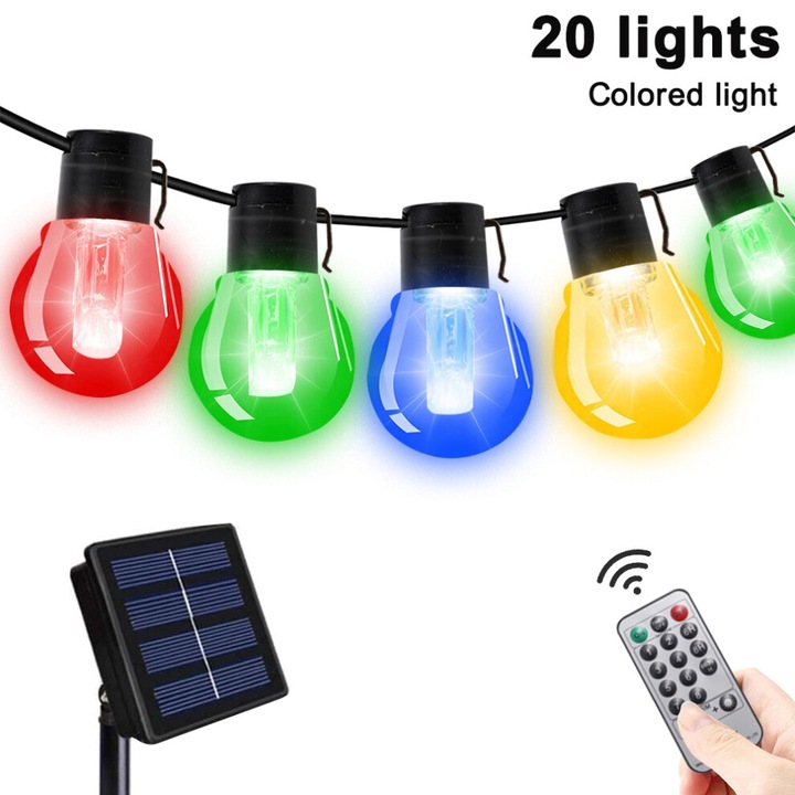 Instalatie luminoasa solara pentru exterior, ghirlanda LED incasabila, etansa IP65, cu panou solar si telecomanda, Multicolor, 20 LED-uri