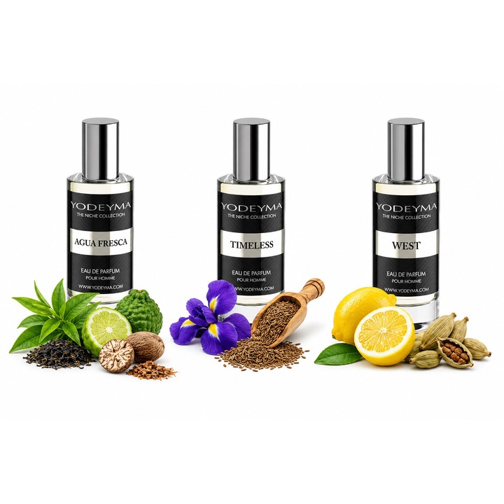 3 db Yodeyma Eau de Parfum szett férfiaknak, Timeless, Agua Fresca és West, közös aromás-friss karakter, frissítő jegyeket meleg, férfias alapokkal ötvöz, 3x15ml, doboz nélkül
