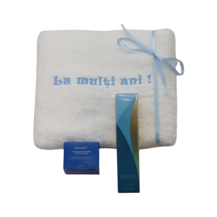 Set cadou parfumat Divine Oriflame 50 ml cu Masca de noapte regeneranta 50 ml si prosop brodat 48x90 cm