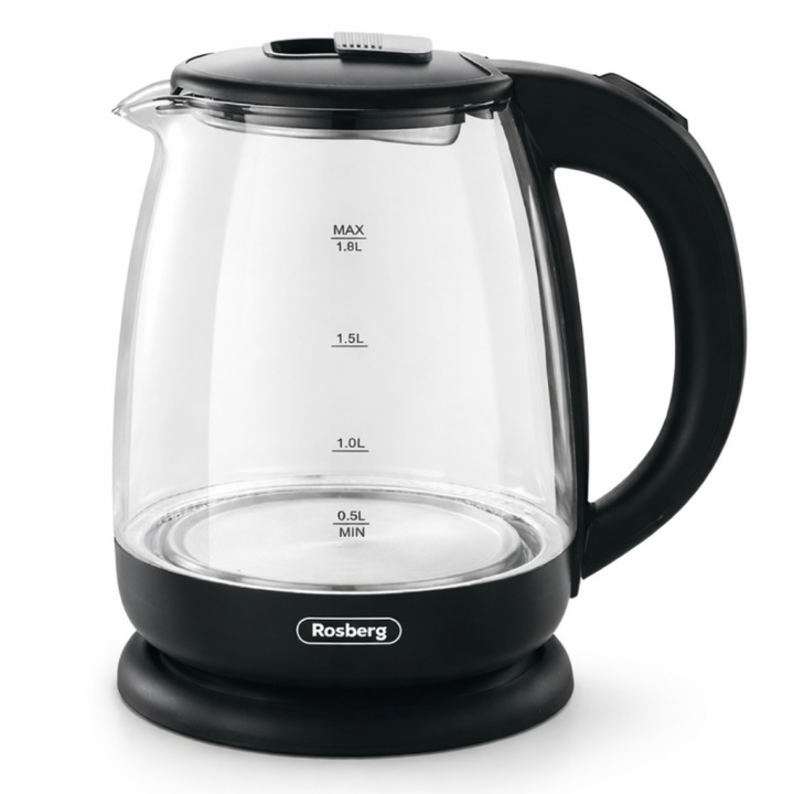 Elektromos vízforraló Rosberg R51230AE, 1500W, 1.8 l, Beépített fűtőelem, Üveg, Jelzőfény, Fekete