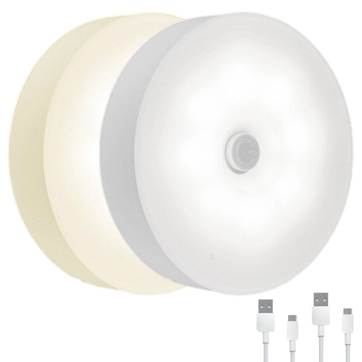 Lumina de veghe LED, lampa de noapte magnetica cu senzor de miscare, intensitate variabila, lumina calda si alba, reincarcabila USB, montare magnetica/adeziv, Alb, 1 buc