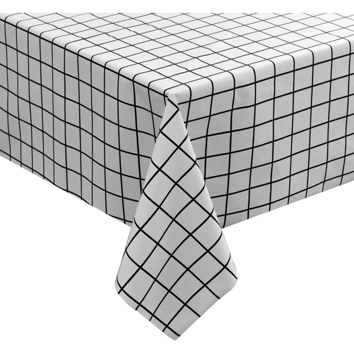 Hőálló téglalap alakú vinil asztalterítő absztrakt geometrikus mintával, környezetbarát festékekkel színezve, fekete/fehér