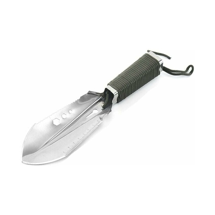 Kemping lapát, rozsdamentes acél, ultrakönnyű, ergonomikus paracord markolat, ezüst/zöld, 1 db