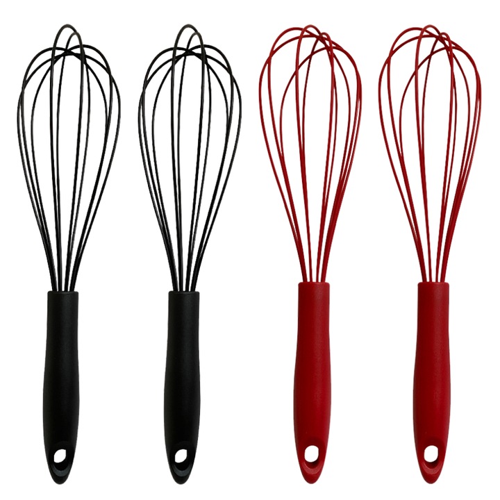 Set 4 teluri de bucatarie, maner din otel inoxidabil, compatibile cu vase antiaderente, negru/rosu